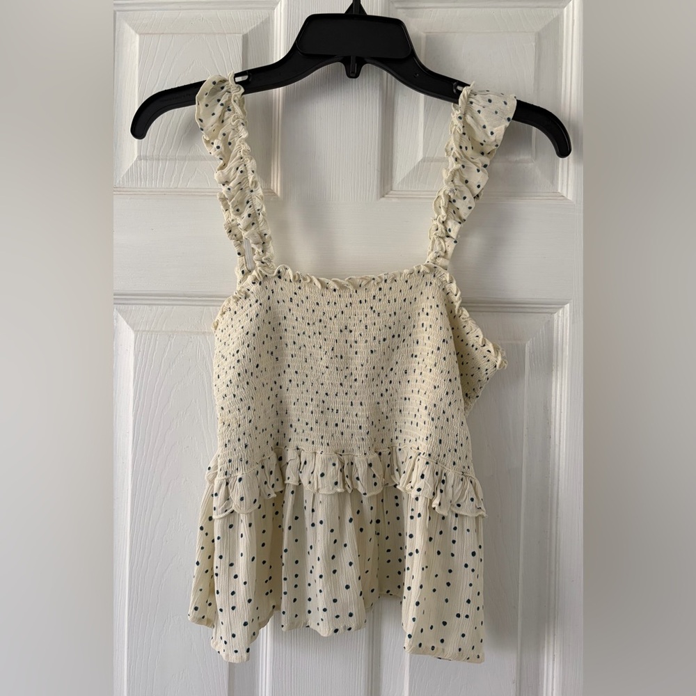 Patrons of Peace Cream and Blue Polka Dot Top